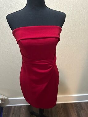 Blue Blush Strapless Red Sheath Dress with Draped Waist